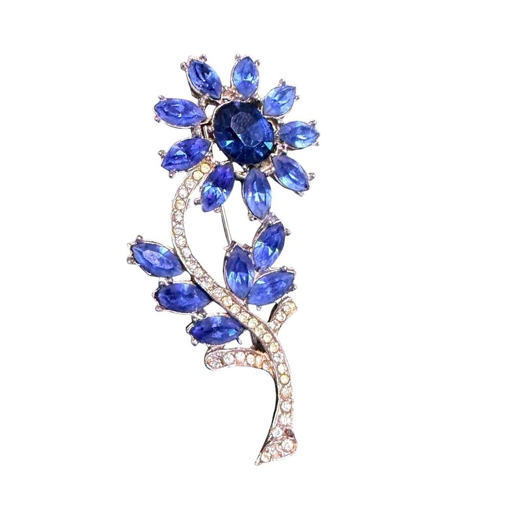 Vintage Wiesner Blue Rhinestone Flower Brooch Silver Tone Floral Pin Signed